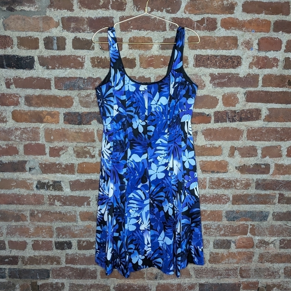 Dressbarn Size 14 Blue & White Floral Tank Top Dress w/ Flared Skirt & Lined Top